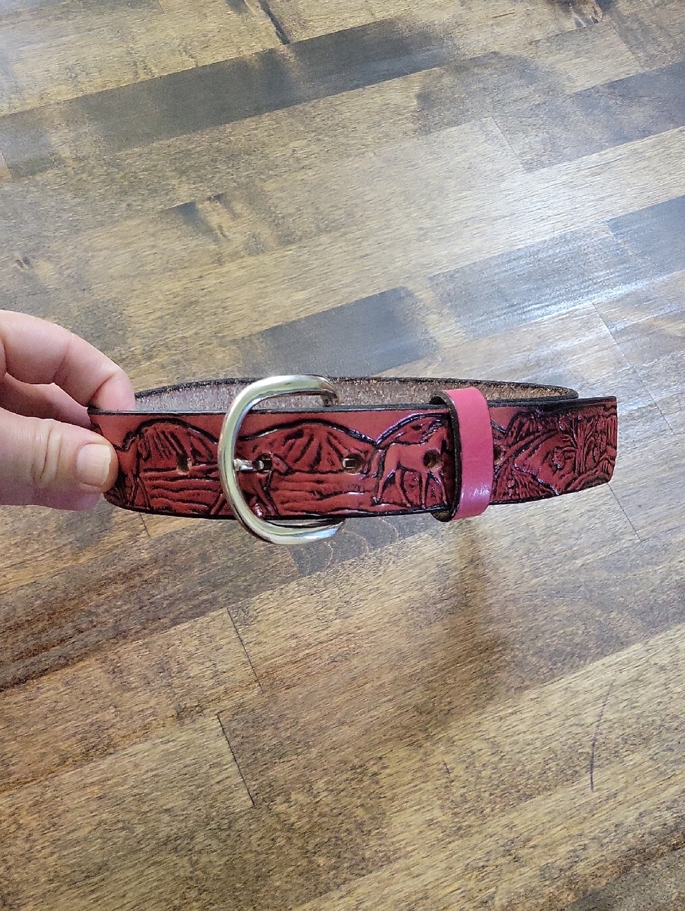 Tooled Red Leather Kid Belt Size 25 Removable Buckle
